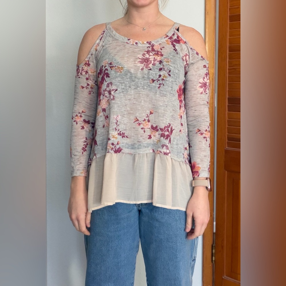 Floral Cold Shoulder Top - Cream and Pink